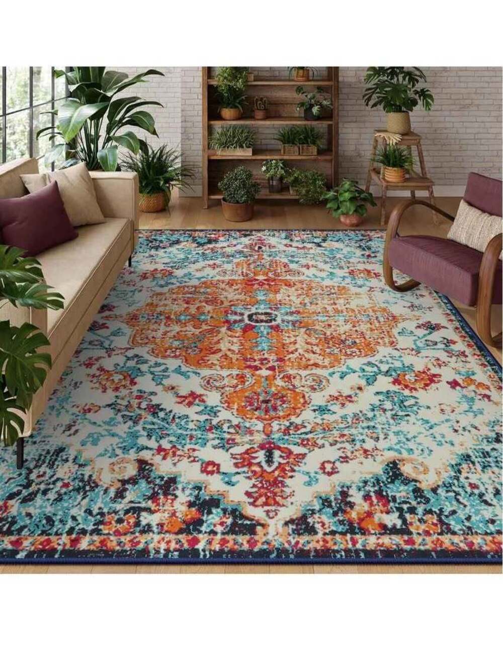 Lahome Boho Rug Living Room 8x10,Washable Orange Bedroom Area Rug Soft Low Pile